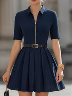 Navy Collared Zip-Front Pleated Mini Dress