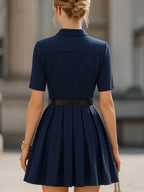 Navy Collared Zip-Front Pleated Mini Dress