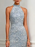 Light Blue 3D Floral Classic Halter Neck Sleeveless Sheath Denim Midi Dress