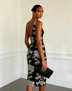 Black Jacquard Classic V Neck Sleeveless Sheath Midi Dress