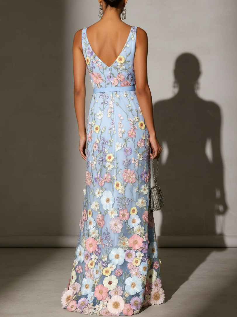 Light Blue Floral Ebroidered Classic V Neck Sleeveless A-Line Floor-length Gown Dress