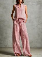Women's Striped Print V-neck Sleeveless Casual Loose Cotton-linen Top & High-waisted Wide-leg Pants Set