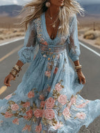 Women's Vintage Blue Floral Embroidery V Neck Casual Maxi Dress