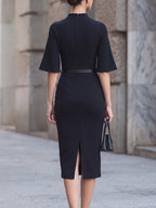Mock Neck Flared Sleeve Belted Midi Dress