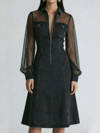 A Stylish Denim Dress With Mesh Sleeve Paneling.