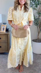 Yellow Floral Jacquard Midi Dress