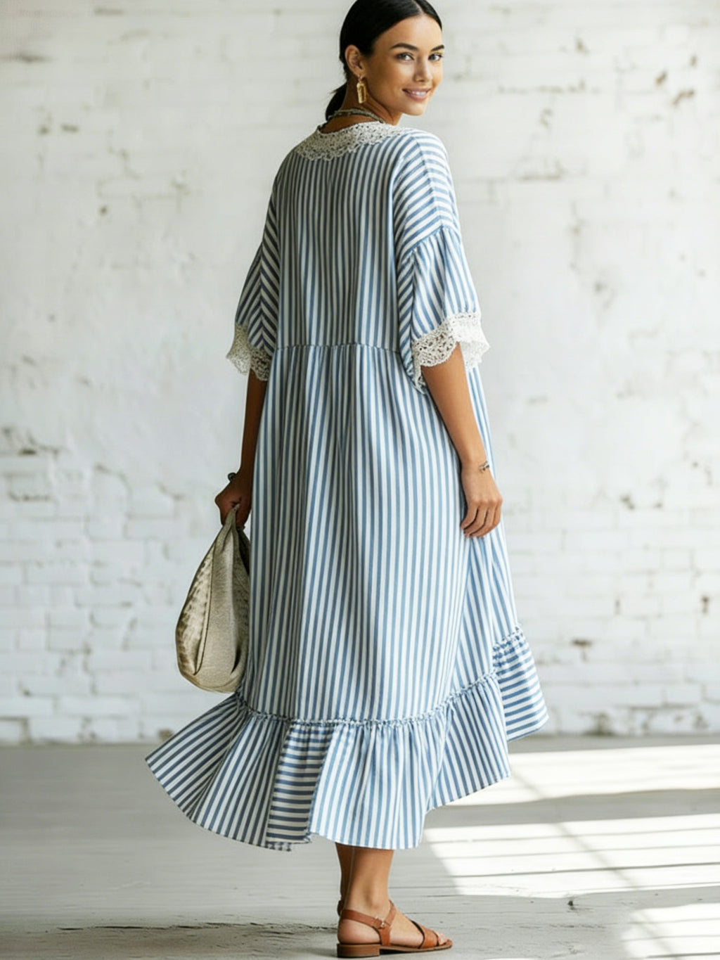 Romantic Striped Lace Asymmetrical Hem Loose-fit Dress