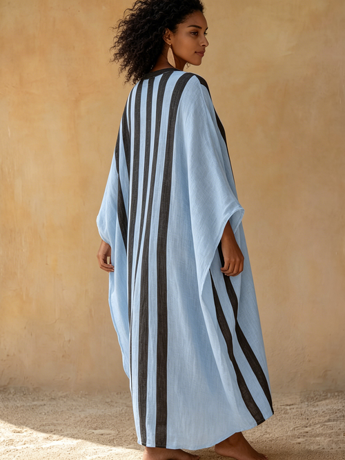 Boho Vacation Striped Print Loose Cotton-linen Maxi Dress