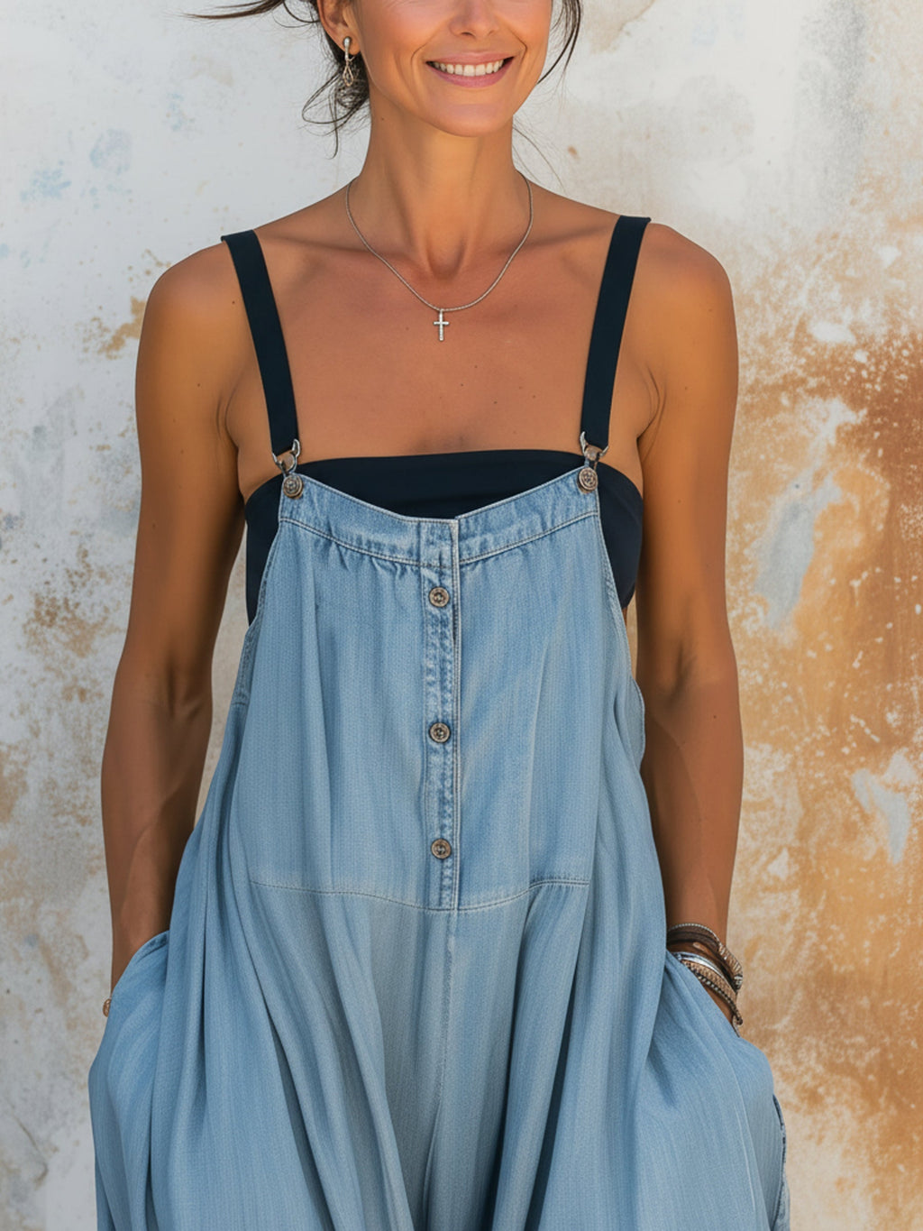 Lightweight Tencel Denim Wide-Leg Overalls