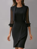 Black Sheer-sleeved Blazer And Asymmetrical Dress Two-piece Set