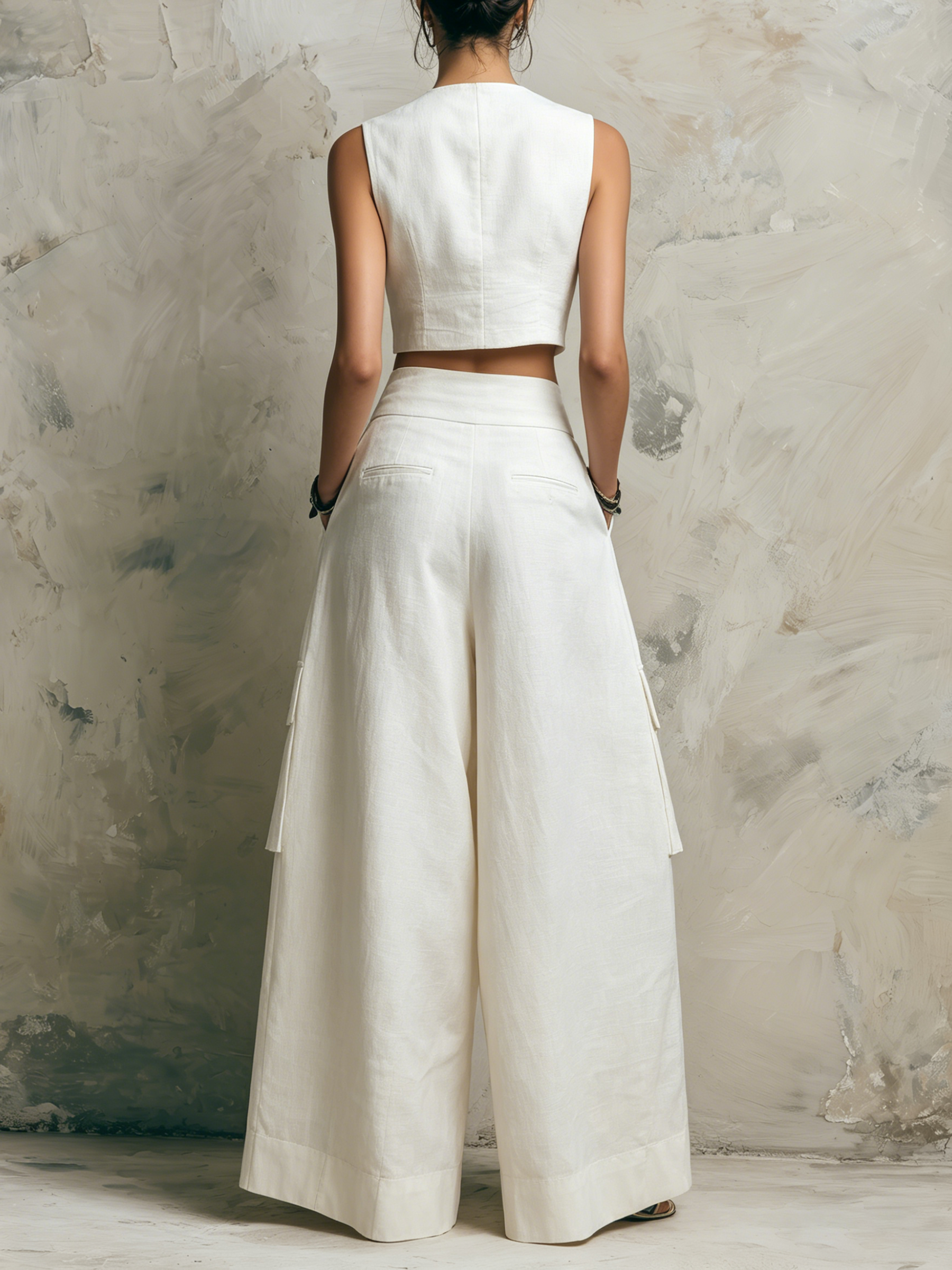 Linen-Blend Vest & Wide-Leg Cargo Pants Set | Tailored Two-Piece Outfit