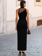 Asymmetric Mesh Yoke Sleeveless High Neck Slit Midi Dress