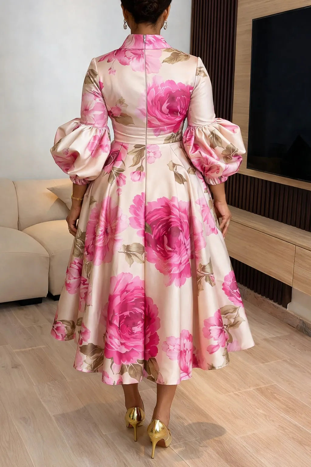 Pink Rose Print High Neck Puff Sleeve High Waist Flare Midi Dress