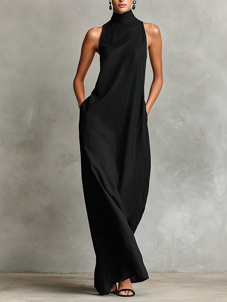 Minimalist Black Long-Sleeve Turtleneck Dress (with Side Pockets)