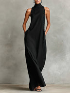 Minimalist Black Long-Sleeve Turtleneck Dress (with Side Pockets)
