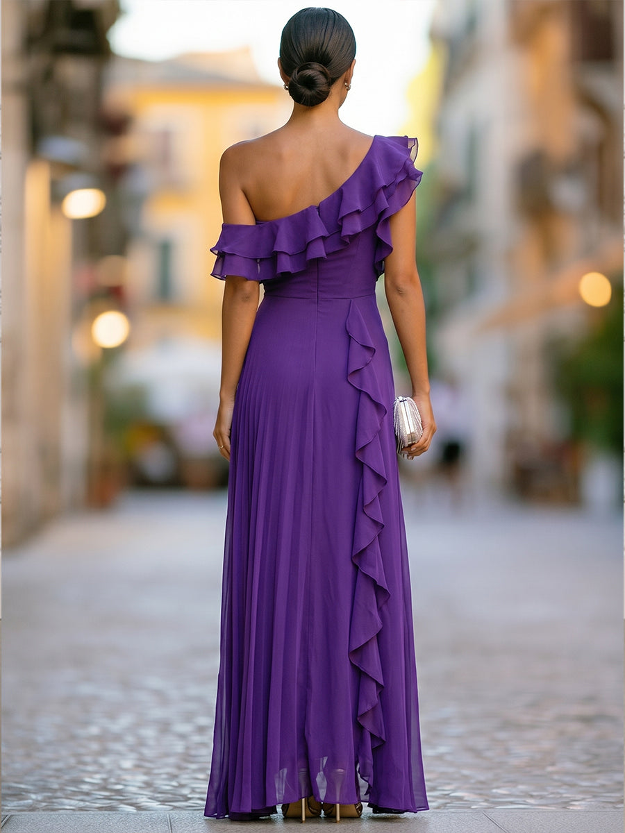 One-Shoulder Tiered Ruffle Chiffon Maxi Dress