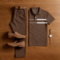 Men's Casual Dark Coffee & White Color Matching Striped Printed Short Sleeved Polo Shirt & Trousers Two-Piece Set