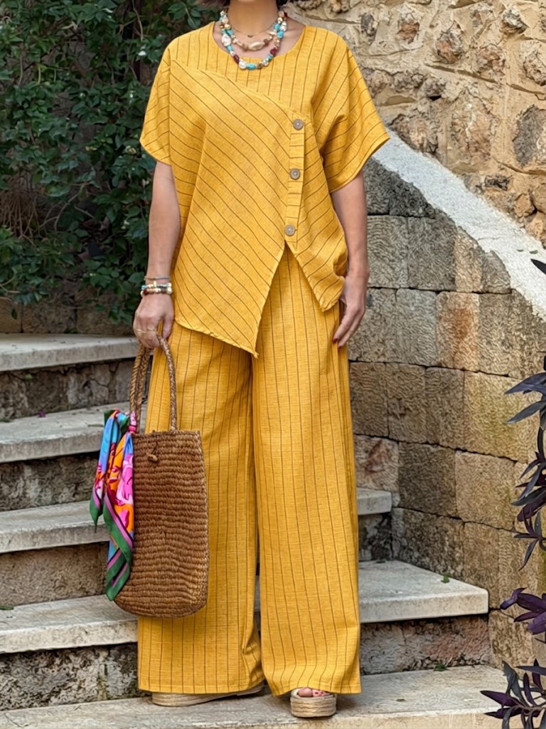 Casual Striped Linen And Cotton Two-piece Top And Pants Set