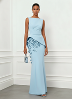 Light Blue 3D Floral Classic Boat Neck Sleeveless Sheath Gown Dress