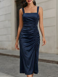 Satin Square Neck Ruched Drawstring Slit Midi Dress