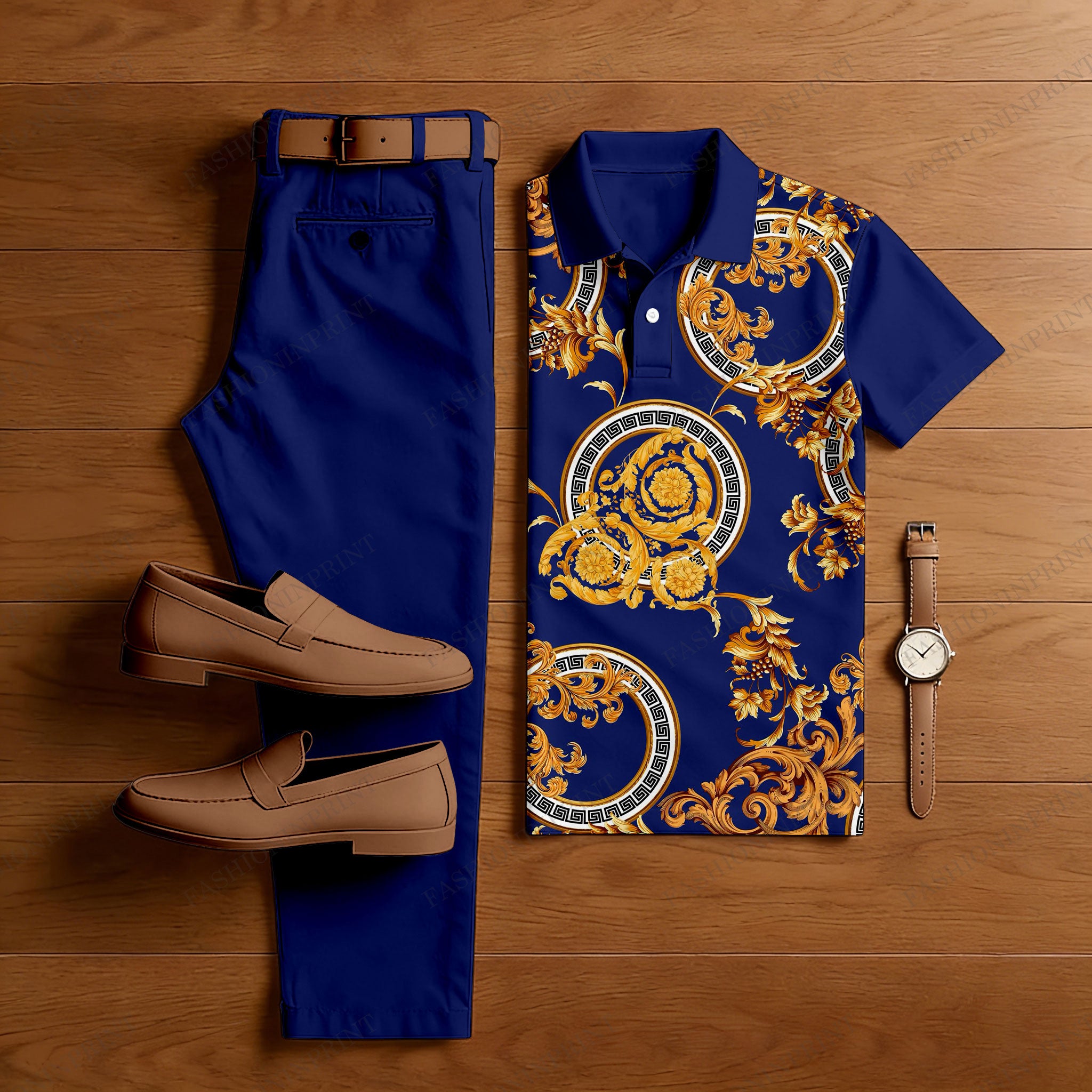 Men's Casual Royal Blue & Gold Color Matching Baroque Style Printed Short Sleeved Polo Shirt & Trousers Two-Piece Set
