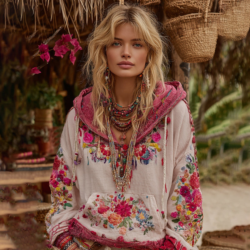 Women's Bohemian Floral Embroidery Art Casual Cotton Linen Hoodie