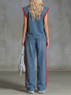 Casual Half-zip Sleeveless Denim Top And Pants Two-piece Set