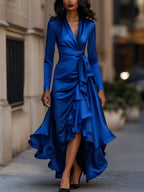 Midnight Blue Draped Satin Maxi Dress With Ruffle Details