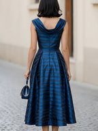 Elegant Draped Neckline Striped A-Line Midi Dress
