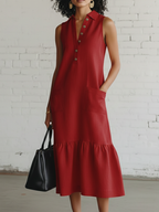 Elegant Cozy Lapel Ruffled Hem Linen-cotton Dress