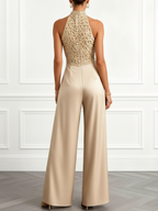 Women Champagne Lace Halter Neck Sleeveless Dressy Jumpsuit