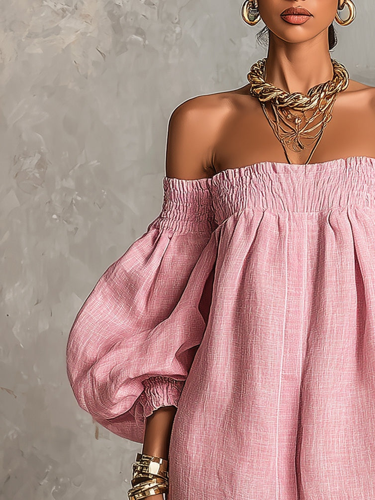Pink Off-shoulder Lantern Sleeve A-line Loose Mini Dress