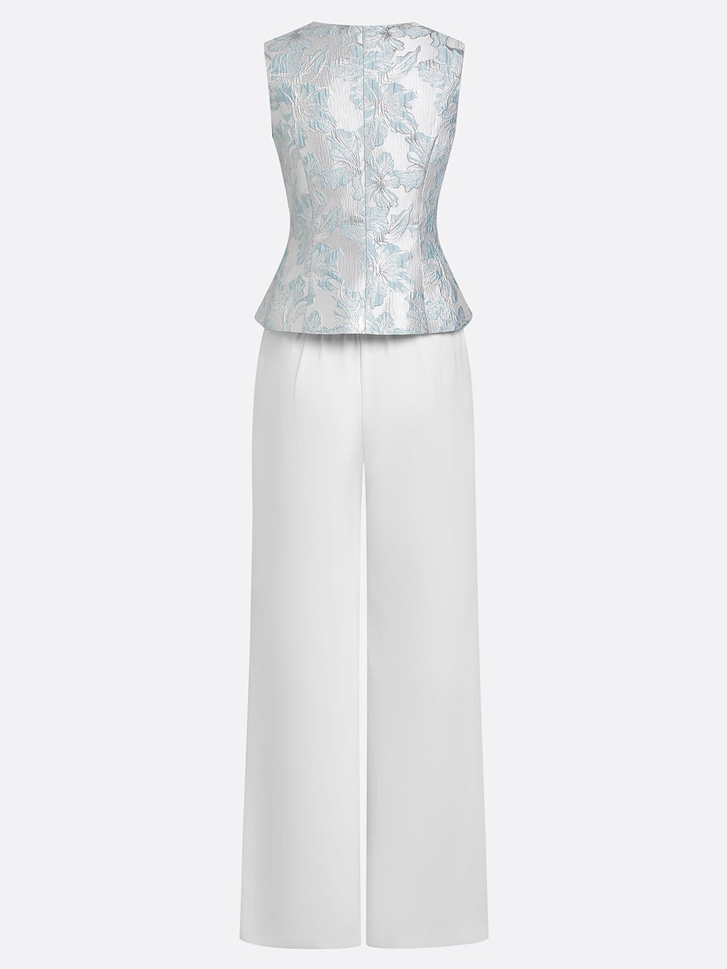 Women White Jacquard Floral Buckle Crew Neck Sleeveless Dressy Top With Pants Two-Piece Set