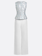 Women White Jacquard Floral Buckle Crew Neck Sleeveless Dressy Top With Pants Two-Piece Set