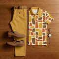 Men's Casual Yellow Geometric Print Short-Sleeved Polo Shirt And Trousers Two-Piece Set