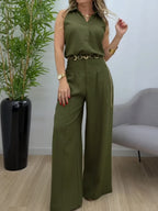 Elegant Linen And Cotton Sleeveless Top And Pants Two-piece Set
