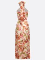 Orange Floral Bow Chiffon Halter Sleeveless A-Line Maxi Dress