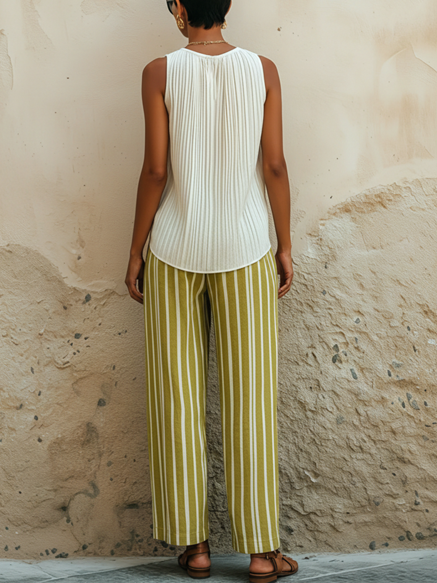 White Pleated Keyhole Sleeveless Top & Olive Striped Pants Two-Piece Set