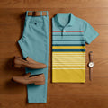 Men's Casual Green & Yellow Color Matching Striped Printed Short Sleeved Polo Shirt & Trousers Two-Piece Set