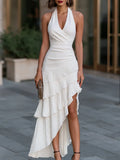 Halter Neck Pleated Asymmetric Maxi Dress