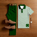 Men's Casual Green & White Color Matching St. Patrick's Day Checkered Printed Short Sleeved Polo Shirt & Trousers Two-Piece Set