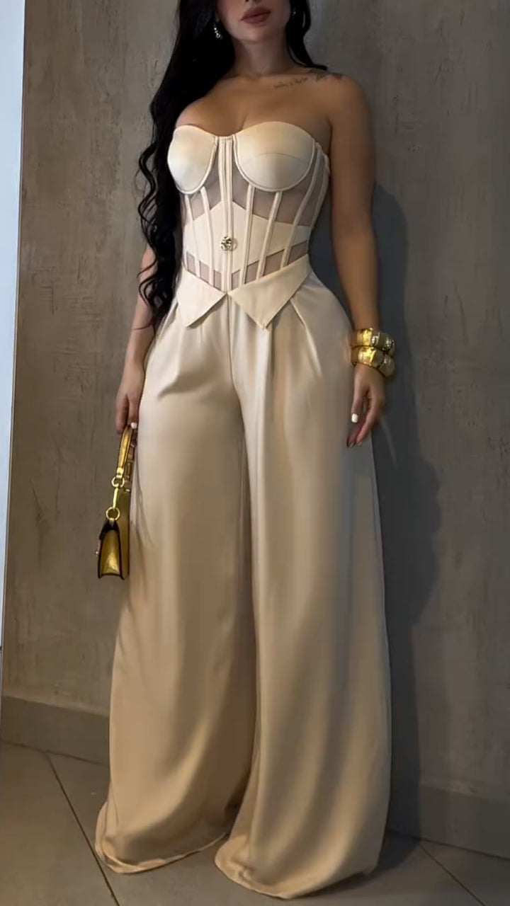 Nude Mesh & Boned Top + Trousers Two-Piece Set