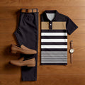 Men's Casual Deep Purple & White Color Matching Striped Printed Short Sleeved Polo Shirt & Trousers Two-Piece Set
