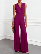 Women Purple V Neck Sleeveless Dressy Jumpsuit