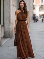 Cross Halter Pleated Waist Flowing Maxi Dress
