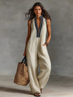 Women's V-Neck Cotton Linen Ethnic Print Casual Jumpsuit