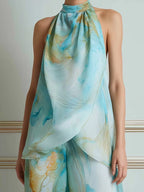 Halter Neck Printed Top And Wide Leg Pants Set