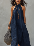 Midnight Blue Linen Halter Dress