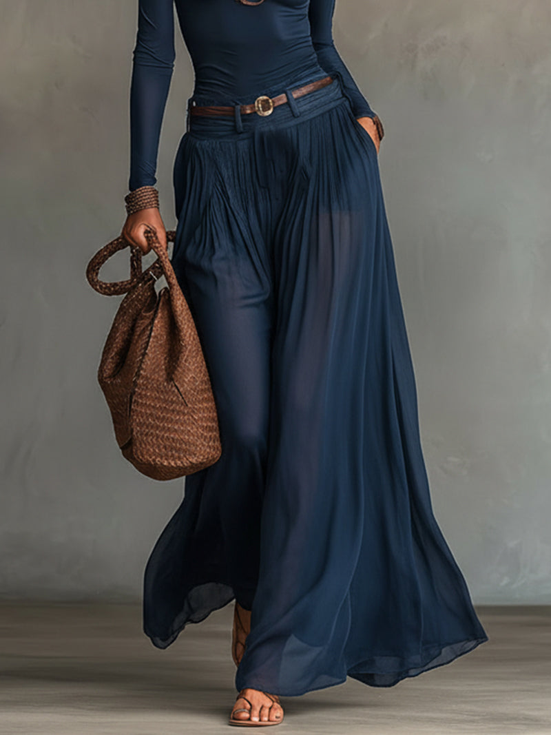 Navy Blue One-shoulder Top And Sheer Tulle Skirt Two-piece Set(with belt)