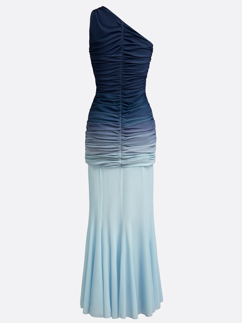 Blue Ruched Ombre Mesh One Shoulder Sleeveless Sheath Maxi Two-Piece Set Dress
